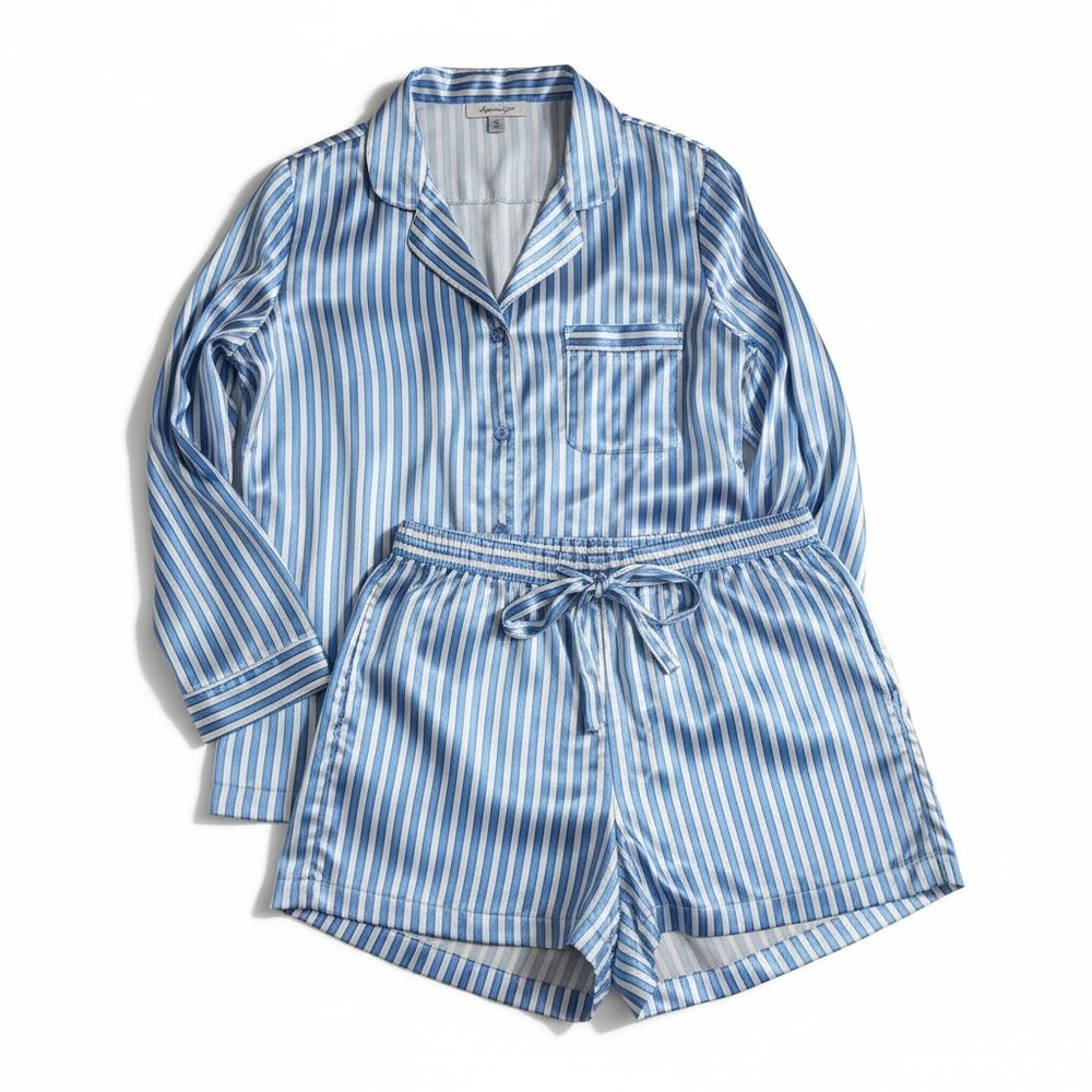 Morgan Taylor Pajama Set XL Blue White Striped Satin Long Sleeve Top Shorts